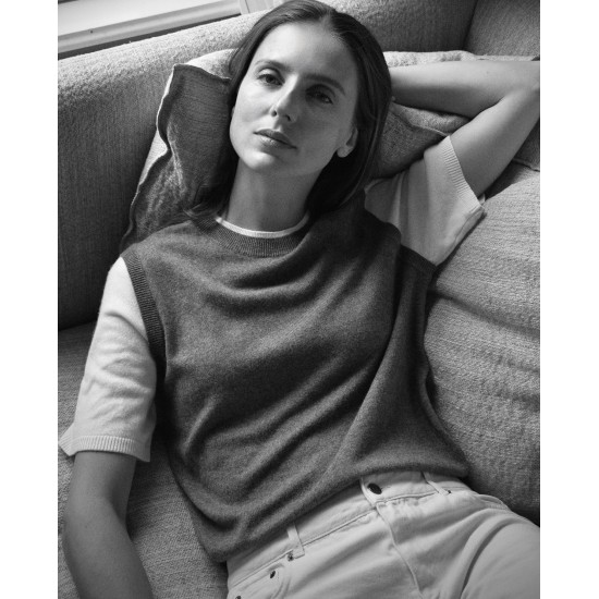 Γυναικείο γκρι δίχρωμο κοντομάνικο πουλόβερ Yerse 