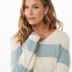 Φανταχτερό πουλόβερ με V λαιμόκοψη σε κρεμ απόχρωση