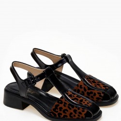 DORE ΜΑΥΡΑ ΔΕΡΜΑΤΙΝΑ T-BAR ΣΑΝΔΑΛΙΑ LOAFERS ΜΕ ΛΕΠΤΟΜΕΡΕΙΑ LEOPARD PRINT