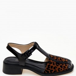 DORE ΜΑΥΡΑ ΔΕΡΜΑΤΙΝΑ T-BAR ΣΑΝΔΑΛΙΑ LOAFERS ΜΕ ΛΕΠΤΟΜΕΡΕΙΑ LEOPARD PRINT